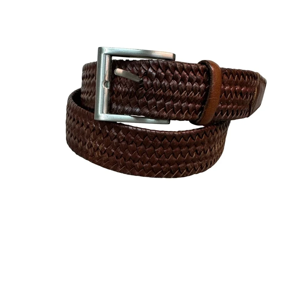 Mens Brown Woven Braided Leather Belt Size 36 Silver Buckle Casual Business